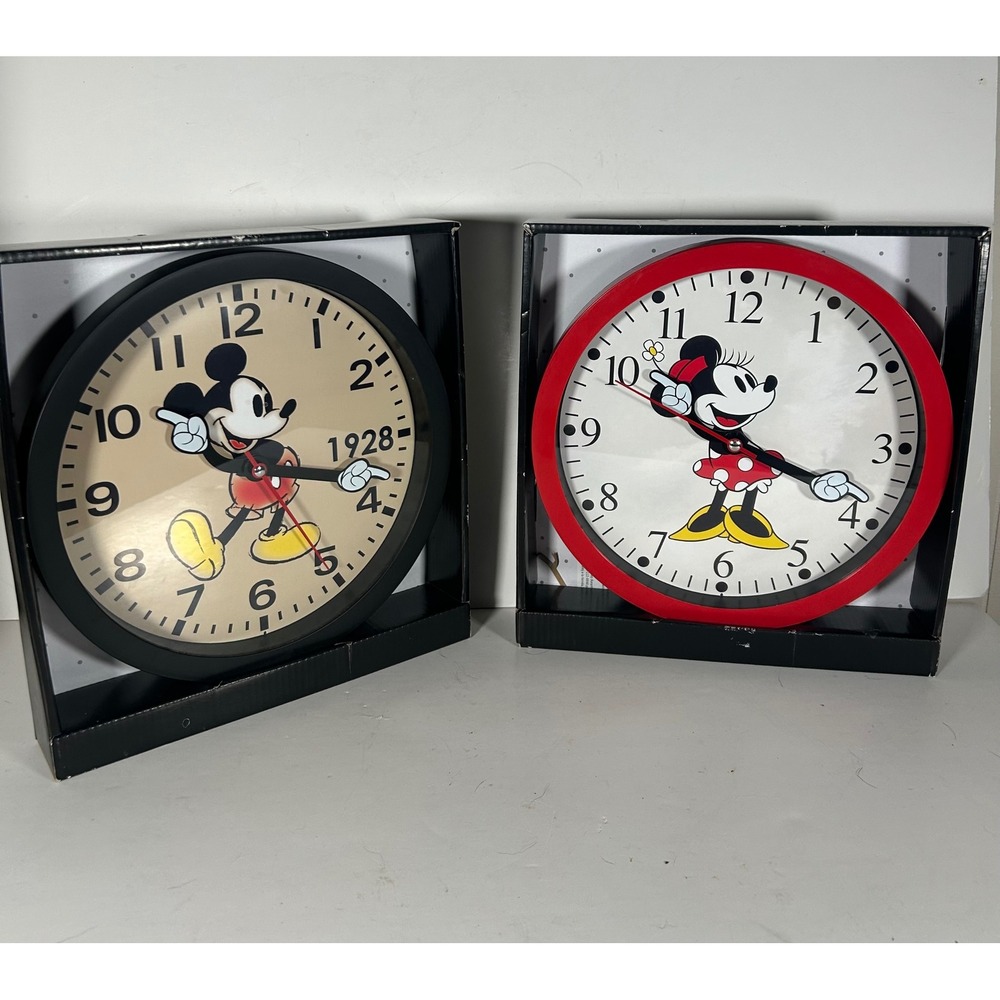 Disney Mickey and Minnie Mouse Wall Clock Set Vintage Style 10 Inch Analog NIB